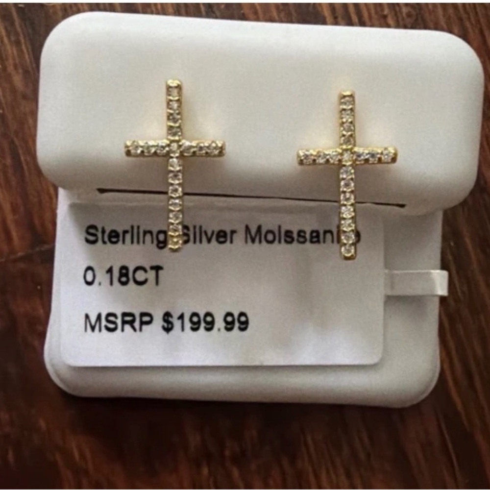 Gold-Tone Cross Stud Earrings with Clear Stones - Sterling Silver